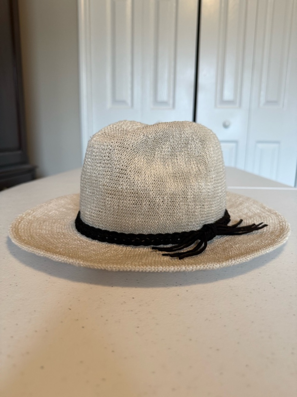 Beige Woven Hat with Dark Brown Braid